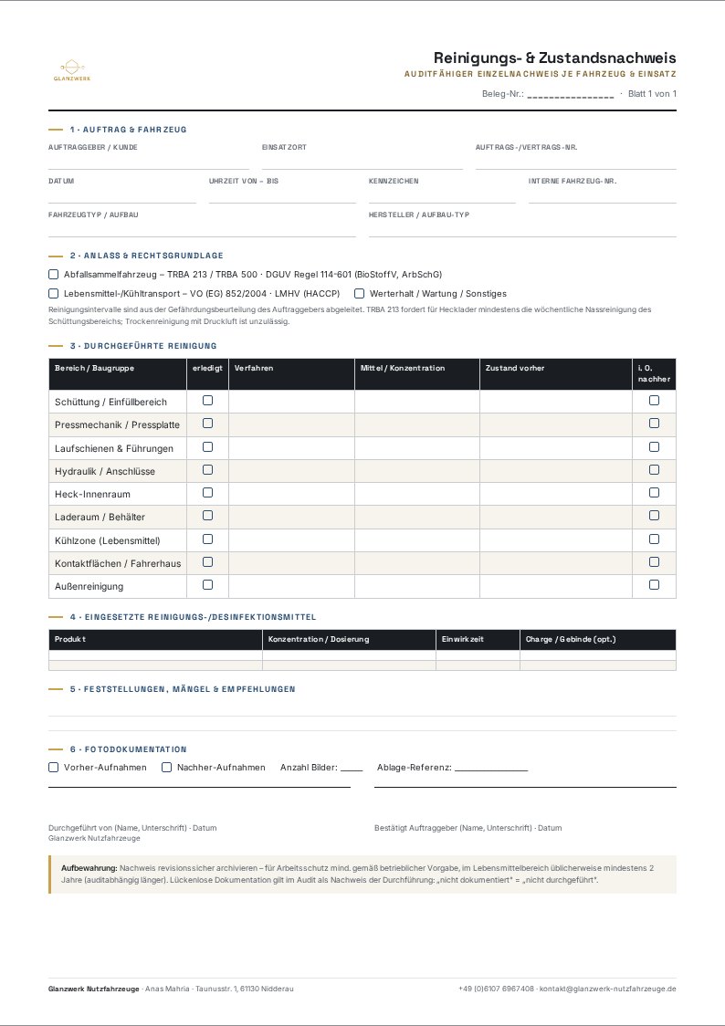 Vorschau: auditfähiger Reinigungsnachweis von GLANZWERK